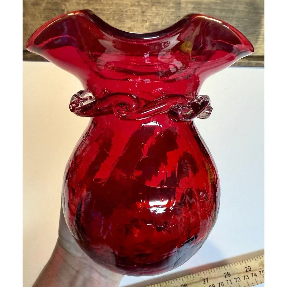 Viking Ruby Red Glass Vase with Applied Clear Band Ruffled Rim Amberina